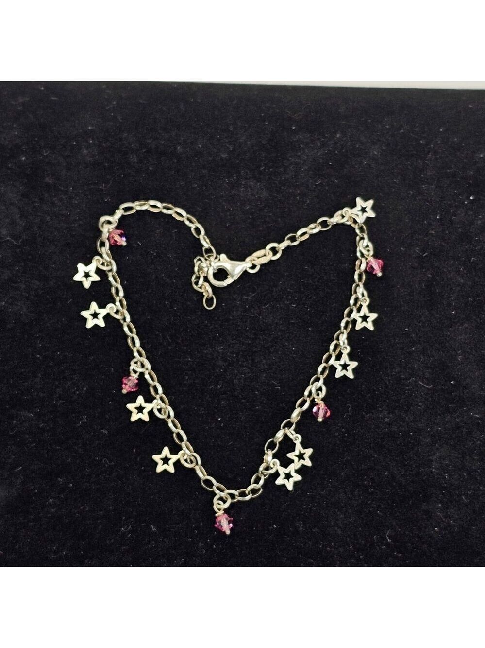Sterling Silver Star Charm Bracelet Anklet Pink Crystal Dangle 4.88g Adjustable